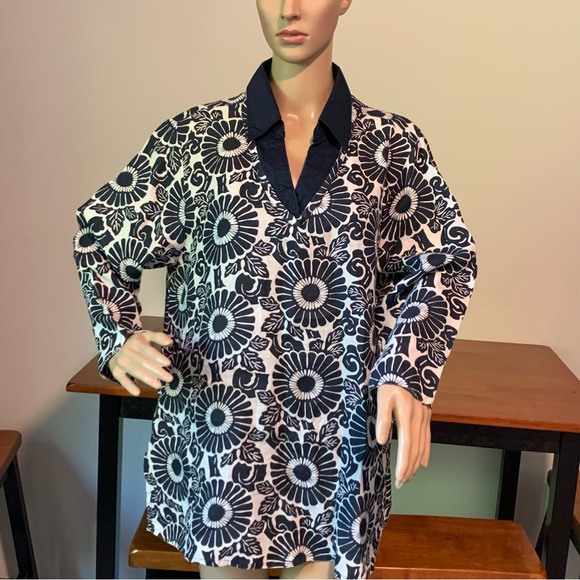 Flax Blue Floral Linen Tunic Top Blouse L Lagenlook Beach Resort Coastal - Picture 1 of 16